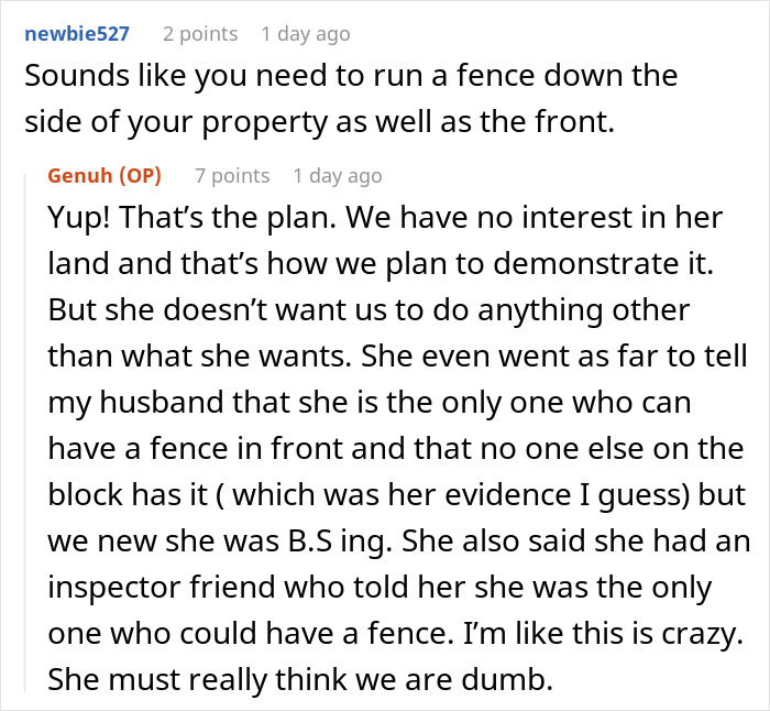 Online discussion about a neighbor's objection to fence plans, highlighting <a target=