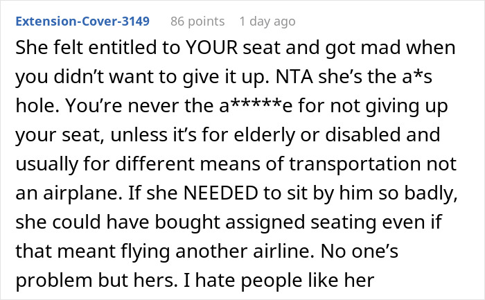 A comment on a forum about refusing to give up a plane seat for a pregnant woman. A comment on a forum about refusing to give up a plane seat for a pregnant woman.