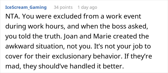 Reddit comment about office exclusion, addressing mean girls, party exclusion, and consequences at work.