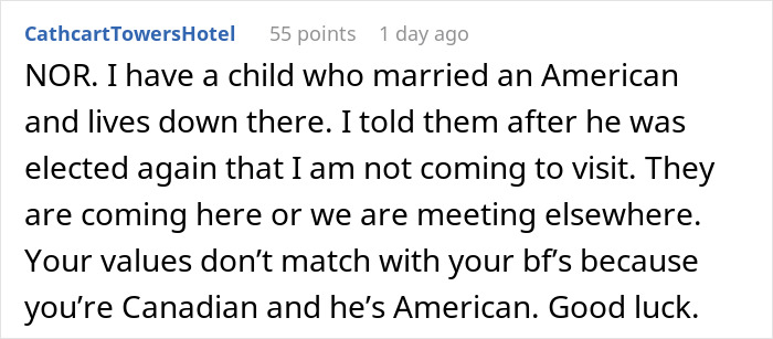 Text discussing refusal to visit American family due to U.S. tariffs and cultural differences.