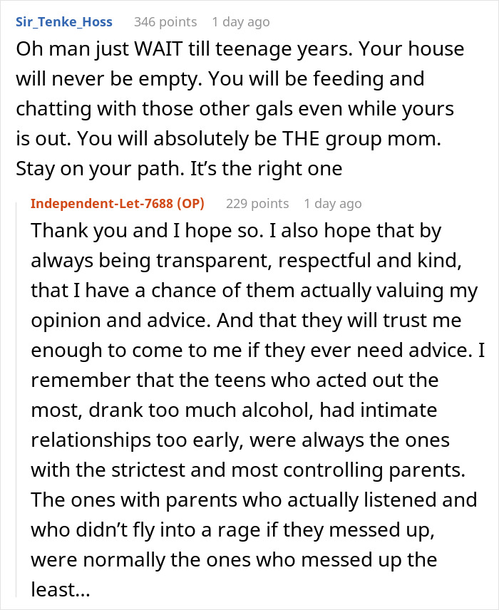 Reddit conversation about parenting, discussing transparency and respect in raising teenagers.