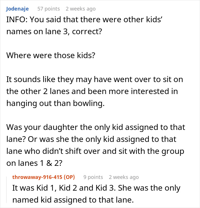 A Reddit conversation discussing a child's experience alone at a birthday party, involving lane assignments.