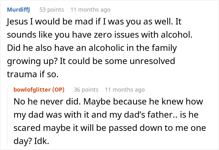 Reddit discussion about boyfriend's refusal citing alcoholism in family genes.