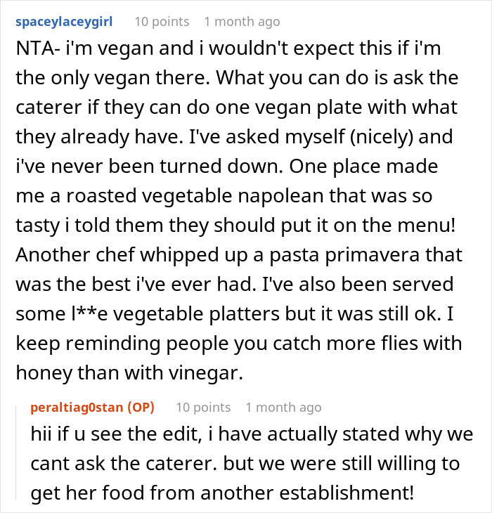 Reddit conversation about vegan wedding menu options.