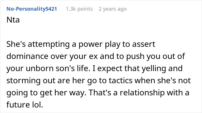A comment discussing a woman's attempt to dominate her partner's ex regarding their unborn baby.