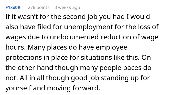 Reddit comment discussing job loss and employment rights standing up for oneself.