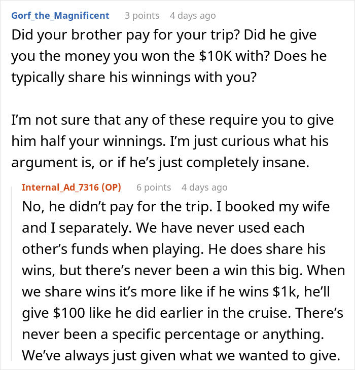Reddit discussion about an entitled man's reaction after being offered $2K from a $10K cruise jackpot. Reddit discussion about an entitled man's reaction after being offered $2K from a $10K cruise jackpot.