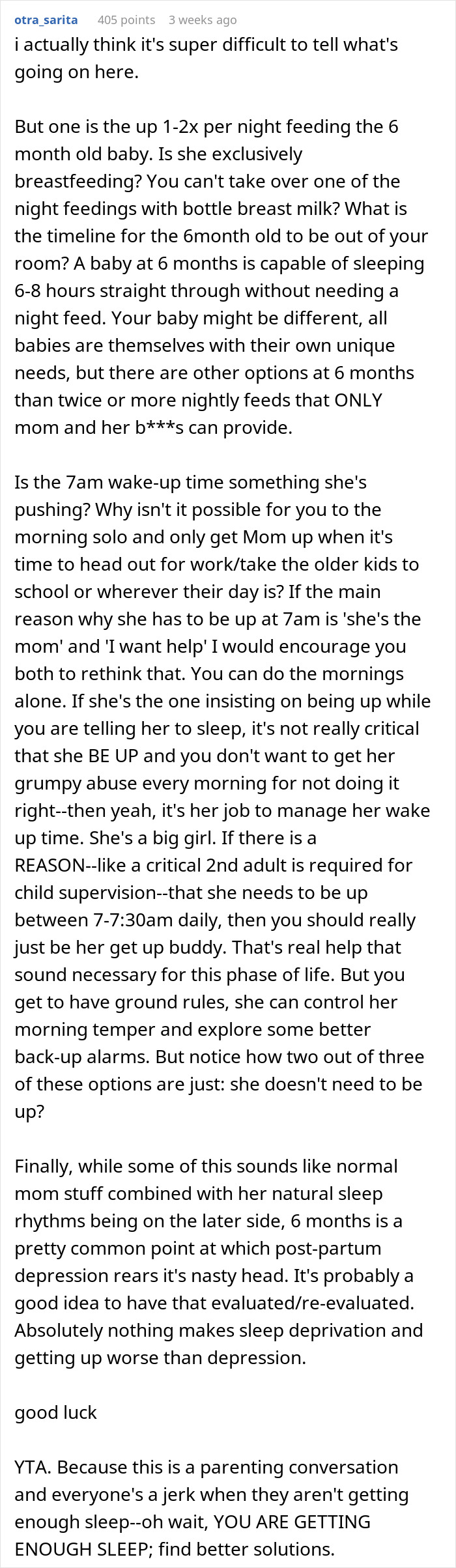 Reddit user discussing parenting challenges and wife's morning wake refusal in a long post.