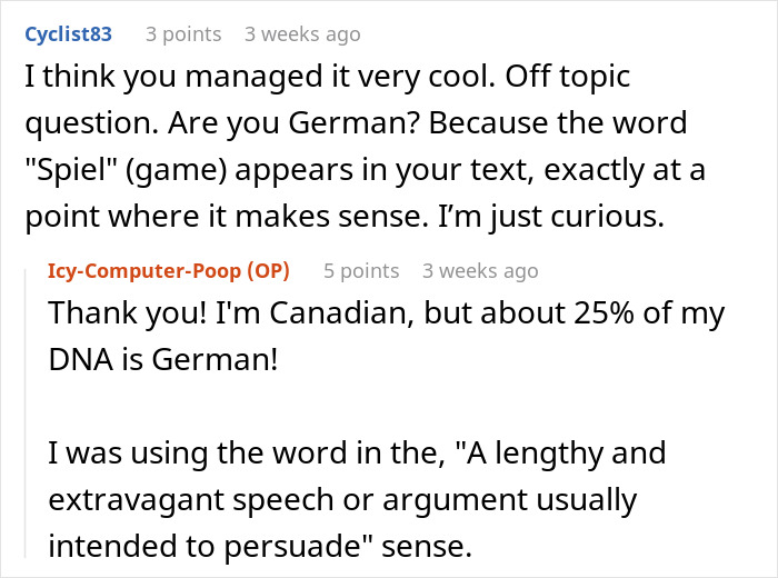 Reddit comment about the use of the word "Spiel," questioning the user's German heritage.