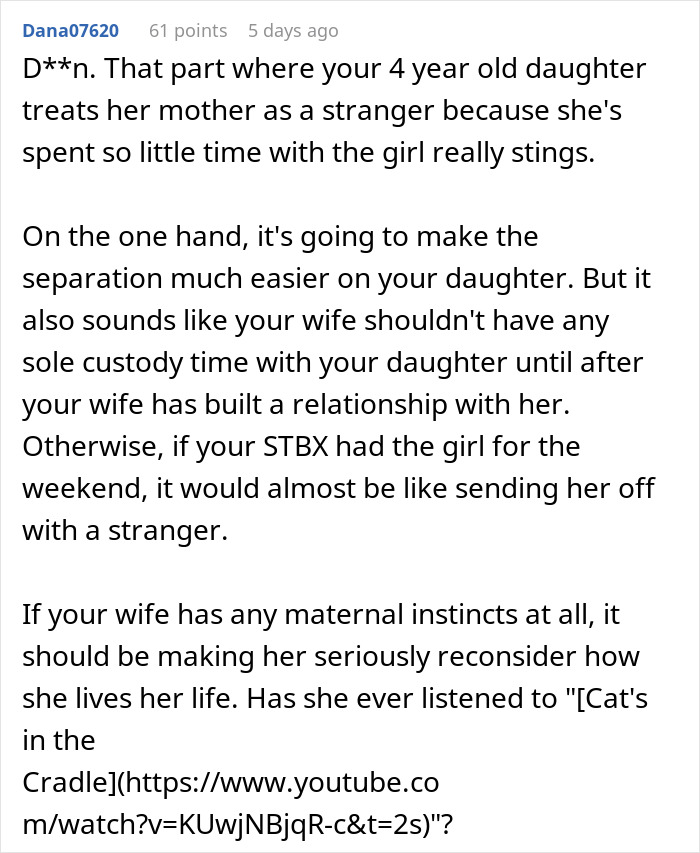 Comment discussing custody and relationship between a mother and her daughter.