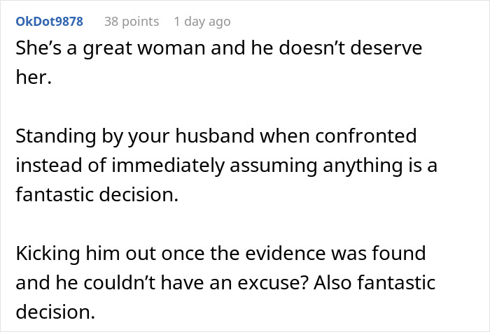 User comment discussing a neighbor dating situation and reactions to a husband's actions.