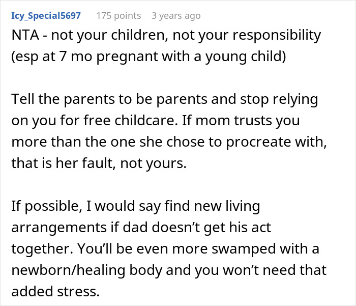 Comment discussing parenting responsibilities and roommate tensions over childcare.