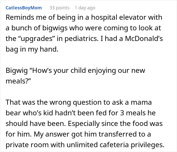 Text exchange about hospital food issues leading to private room upgrade.