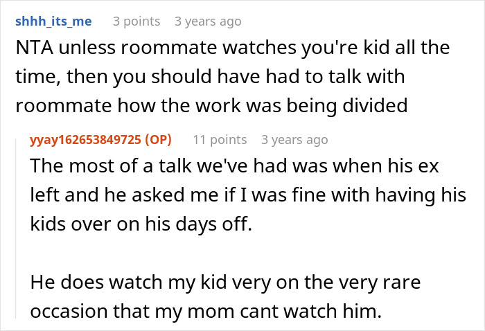 Roommate discussion about parenting responsibilities and division of childcare work.