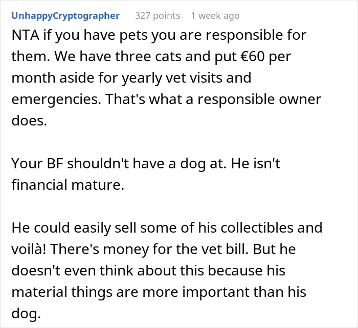 Text exchange about BF's financial maturity and prioritizing dog's urgent vet bill over toys.