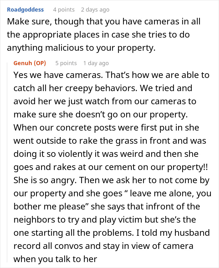 Text exchange about neighbor's behavior over fence construction, highlighting OCD tendencies and the need for cameras.