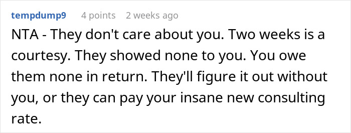Reddit comment on company firing employee, discussing fairness and consulting rates.