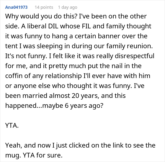 Text screenshot discussing a family incident involving a banner and a damaged relationship, referencing a mug. Text screenshot discussing a family incident involving a banner and a damaged relationship, referencing a mug.