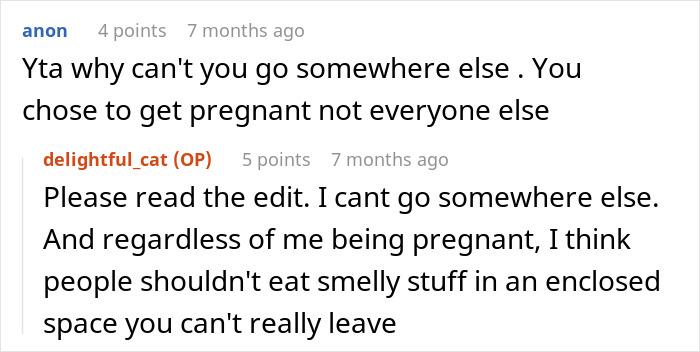 Pregnant woman argues about tuna smell in breakroom on social media post.