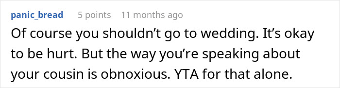 Reddit comment discussing feelings about attending a cousin's wedding.