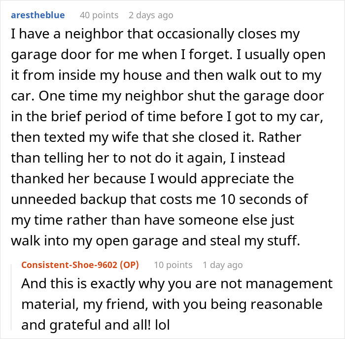 Text conversation about a garage door incident, related to malicious compliance with an egoistic boss.
