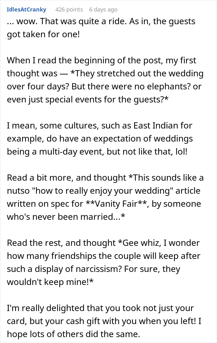 Online comment discussing a four-day-long wedding focused on posing for cameras. Online comment discussing a four-day-long wedding focused on posing for cameras.