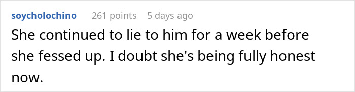 Reddit comment about trust issues and honesty in a relationship after a work retreat incident.