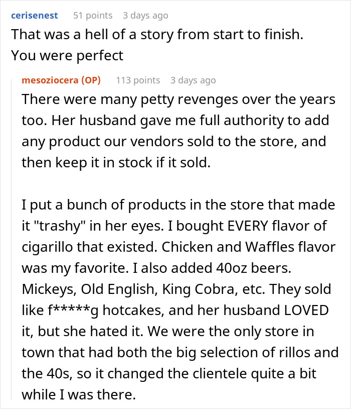Text exchange about malicious compliance and a female boss with a focus on cigars and beer products. Text exchange about malicious compliance and a female boss with a focus on cigars and beer products.