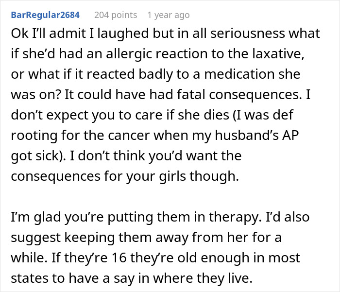 Online comment discussing serious consequences of kids spiking food with laxatives and therapy suggestion.