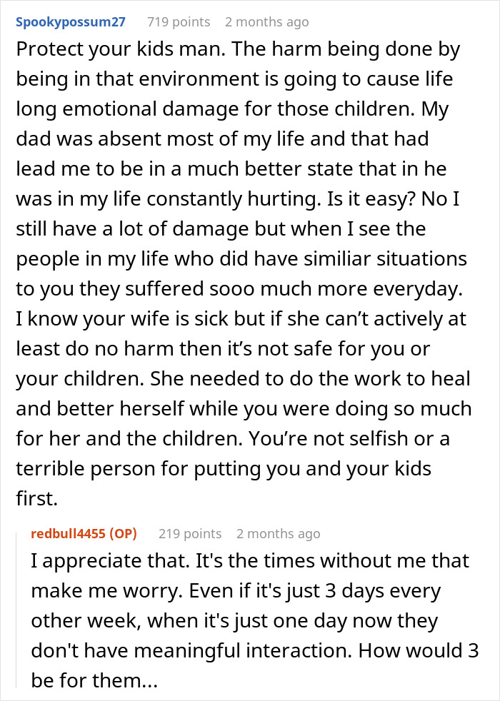 Reddit user advises dad on kids' safety amid wife's mental illness concerns.