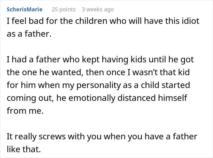 A screenshot of a Reddit comment discussing a father repeatedly having children.
