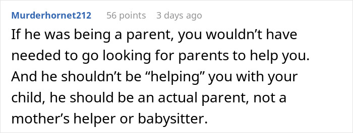 Comment criticizing a dad's parenting role, suggesting he should be more involved, not just a helper or babysitter.