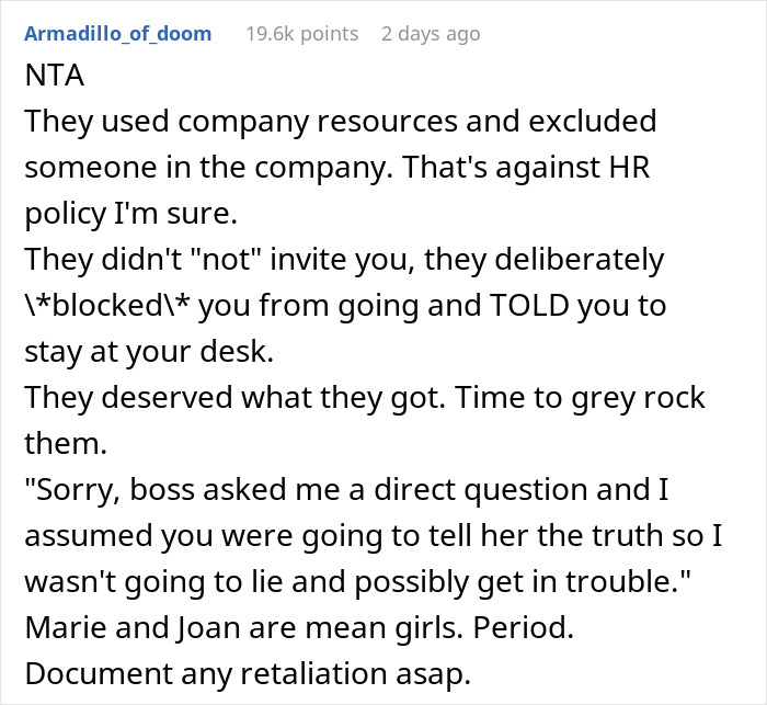Text from a comment discussing office mean girls excluding a colleague, leading to a ban on all office parties.