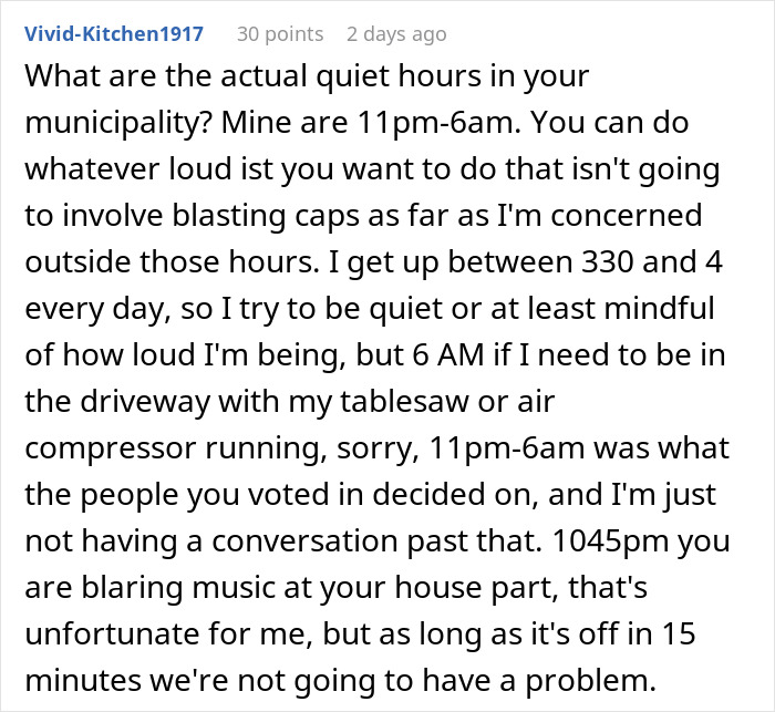 Text discussing quiet hours and early morning noise conflicts in a neighborhood setting.