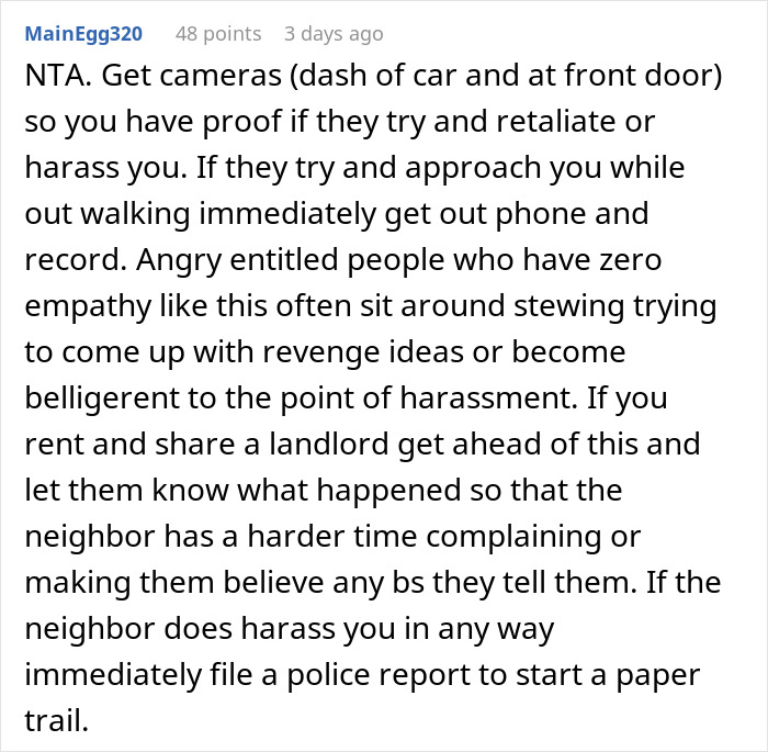 Text advising to install cameras and report harassment regarding disabled neighbor's parking spot issue.