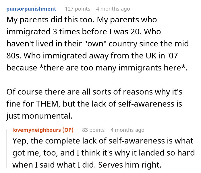 Reddit discussion about immigrants highlighting a woman's response to a self-awareness comment.