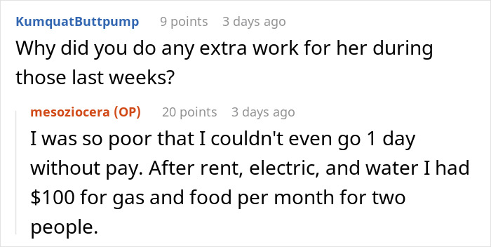 Reddit conversation about financial struggles after complying with demanding female boss. Reddit conversation about financial struggles after complying with demanding female boss.