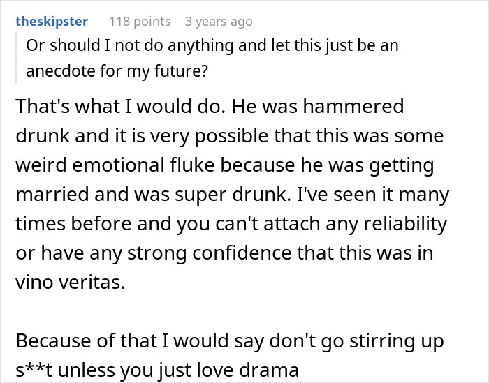 Reddit comment discussing a drunk man appearing at his ex-girlfriend's door before his wedding.