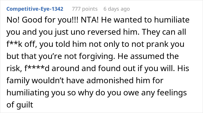 Comment supporting woman for breaking up due to prank going too far.