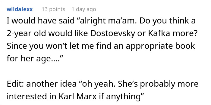 Comment discussing age restrictions in a bookstore, mentioning Kafka and Dostoevsky.