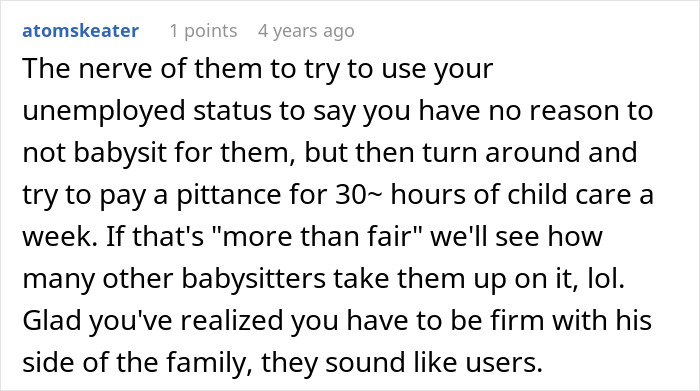 Reddit comment discussing low babysitting pay of $3/hour and the family's unreasonable expectations.