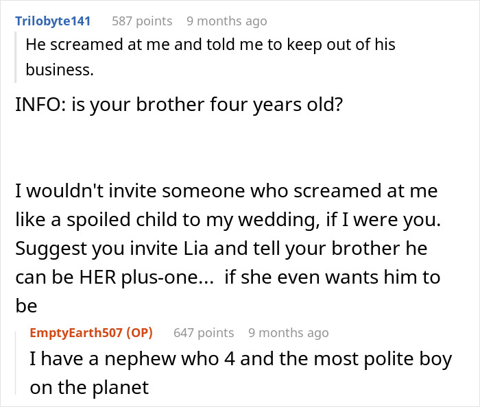 Brother's choice of female BFF over girlfriend as wedding plus-one discussed in online thread.