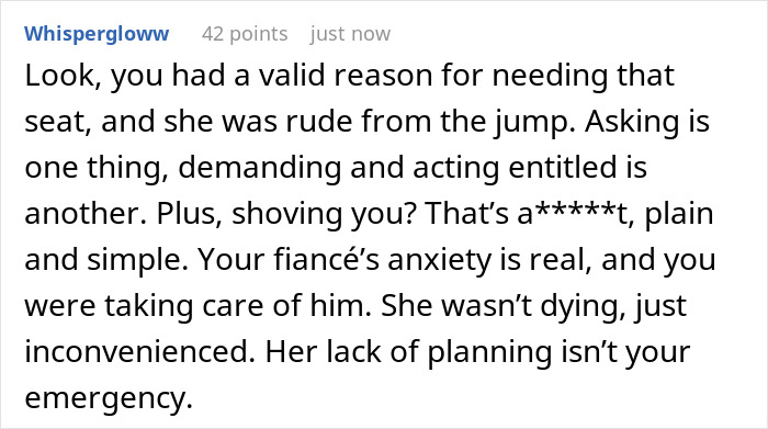 Text discussing seat refusal on a plane, addressing rudeness and entitlement, and supporting a partner's anxiety needs. Text discussing seat refusal on a plane, addressing rudeness and entitlement, and supporting a partner's anxiety needs.