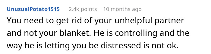 Comment criticizing partner's control over woman's attachment to her baby blanket.