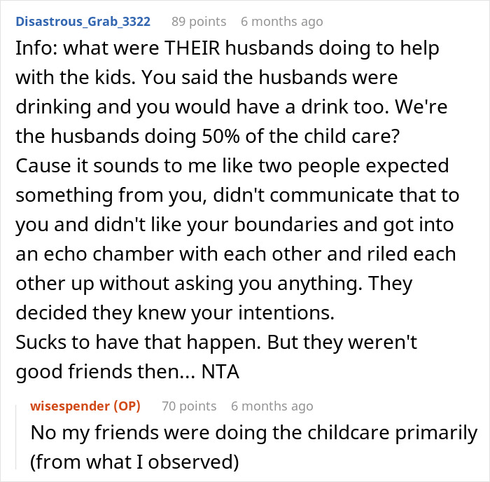 Reddit comments discussing childcare responsibilities during a vacation and friends' criticism of a child-free woman.