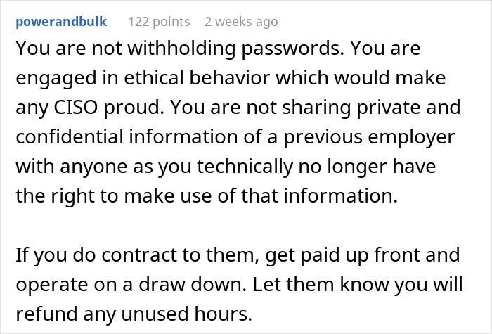 Text advising ethical handling of passwords and contracts related to previous employment.