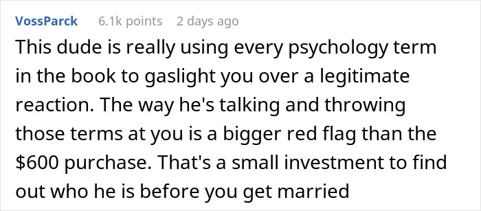 Comment discussing gaslighting, using psychology terms, and losing $600 as a red flag before marriage.