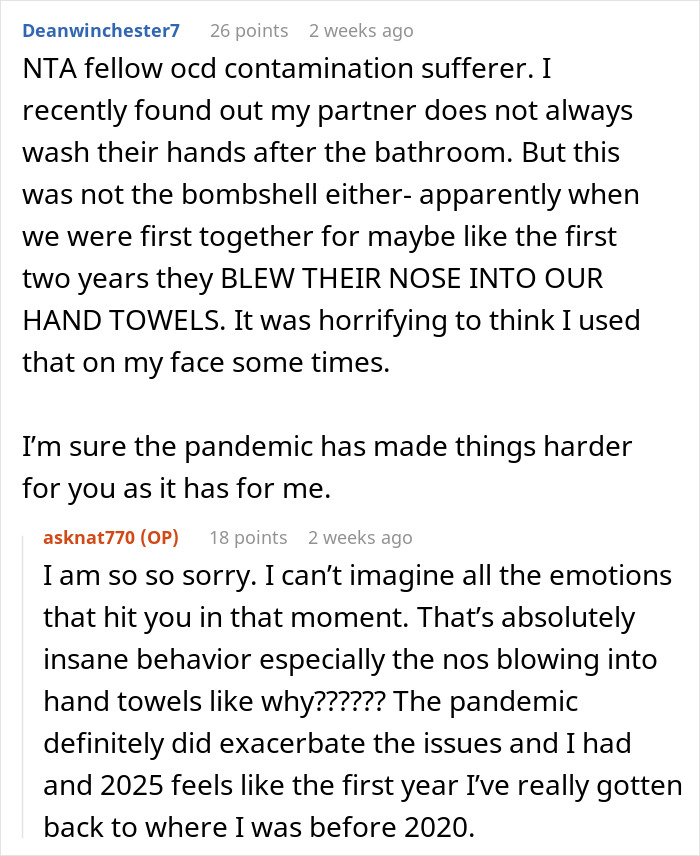 Online discussion of OCD sufferer sharing experience with a partner&rsquo;s unhygienic habits, highlighting the impact on mental health.