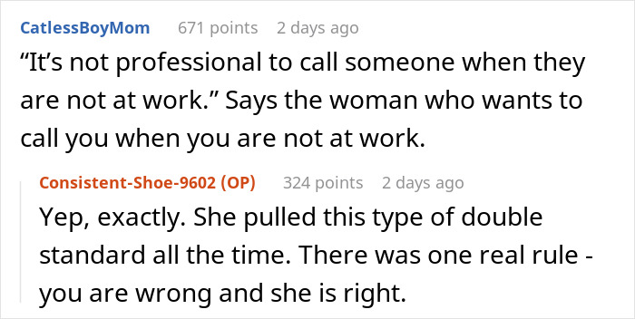 Reddit conversation discussing malicious compliance with an egoistic boss's double standards.