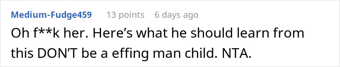 Comment discussing breaking up with a manchild after a prank goes too far.